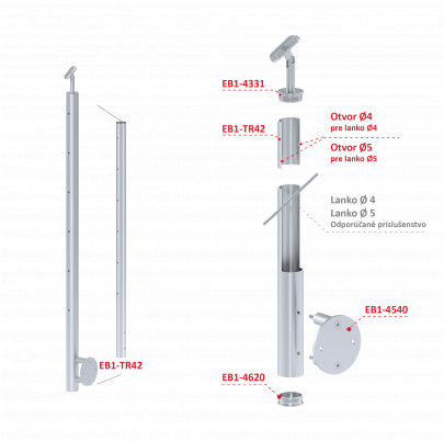 Nerezový stĺp, bočné kotvenie, 6-dierový, lanko, priechodný