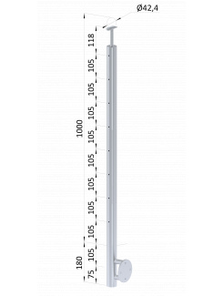 Nerezový stĺp, bočné kotvenie, 8 dierový priechodný na lanko, vrch pevný (ø 42.4x2mm), brúsená nerez K320 /AISI304