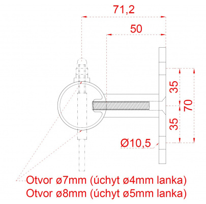 Nerezový stĺp, bočné kotvenie, 6-dierový, lanko, koncový
