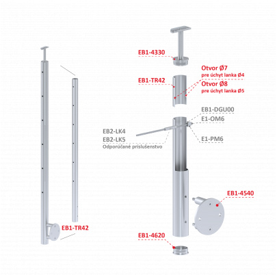 Nerezový stĺp, bočné kotvenie, 6-dierový, lanko, koncový