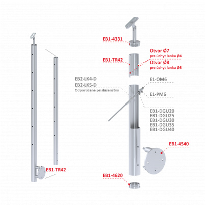 Nerezový stĺp, bočné kotvenie, 6-dierový, lanko, koncový