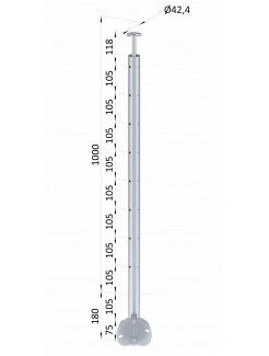 Nerezový stĺp, bočné kotvenie rohové, 8 dierový na lanko, rohový:90°, vrch pevný (ø 42.4x2mm), brúsená nerez K320 /AISI304