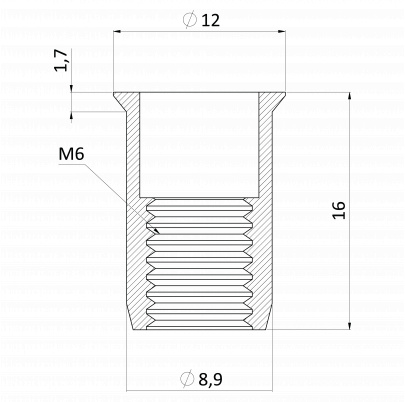 Nerezová nitovacia matica M6, zapustená hlava, ryhovaný driek, AISI304