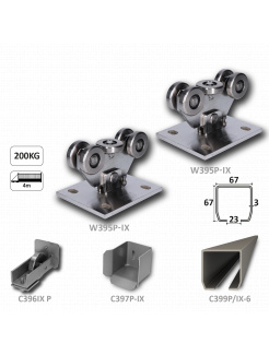 Nerezový samonosný systém 67x67x3mm pre posuvné brány do 200kg/4m otvor (C399P-IX 1x6m nerezový profil, W395P-IX 2ks, C397P-IX 1ks, C396P-IX 1ks