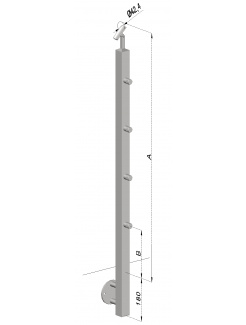 Nerezový stĺp, bočné kotvenie, 4 radový priechodný, vonkajší, vrch nastaviteľný (40x40mm), brúsená nerez K320 /AISI304