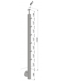 Nerezový stĺp, bočné kotvenie, 6 radový priechodný, vonkajší, vrch pevný (40x40mm), brúsená nerez K320 /AISI304