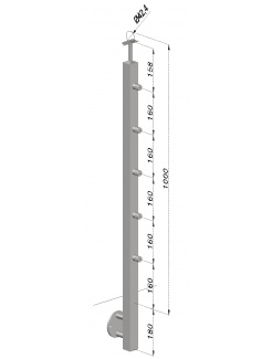 Nerezový stĺp, bočné kotvenie, 5 radový priechodný, vonkajší, vrch pevný (40x40mm), brúsená nerez K320 /AISI304