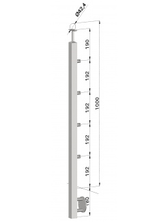 Nerezový stĺp, bočné kotvenie, 4 radový priechodný, vnútorný, vrch pevný (40x40mm) brúsená nerez K320 /AISI304