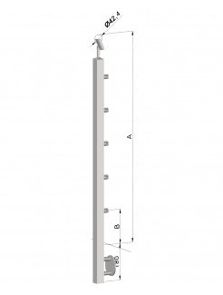 Nerezový stĺp, bočné kotvenie, 5 radový priechodný, vnútorný, vrch nastaviteľný (40x40mm), brúsená nerez K320 /AISI304