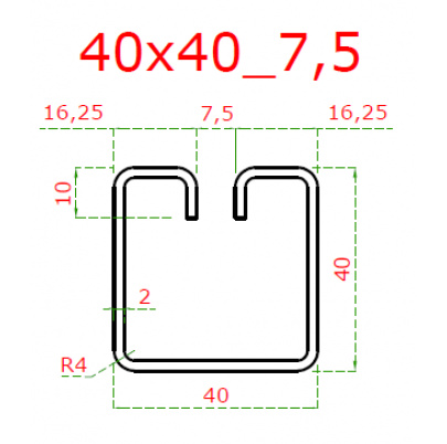 Pozinkovaný profil tvaru U, s drážkou 7.5mm, cena za 1ks (6m), rozmer: 40x40mm, materiál: DX51D+Z100