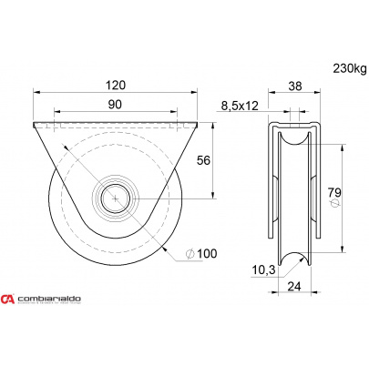 Vodiace koliesko ø 100mm s oporou Combi Arialdo, pre profil C902/20, nosnosť 230kg