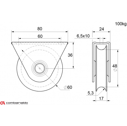 Vodiace koliesko C410/60/12 ø 60mm s oporou Combi Arialdo, nosnosť 100kg, nedá sa kombinovať s C902/16