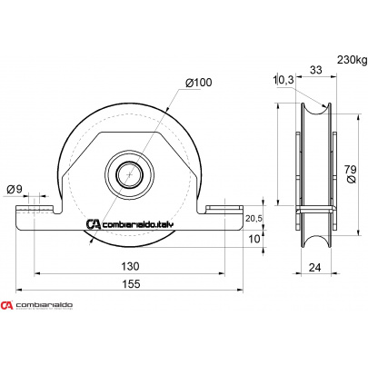 Vodiace koliesko ø 100mm pre zapustenie do jokla Combi Arialdo, pre profil C902/20, nosnosť 230kg