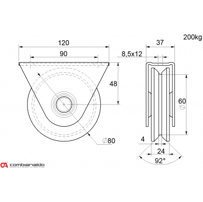 Vodiace koliesko ø 80mm s oporou Combi Arialdo, V profil, nosnosť 200kg