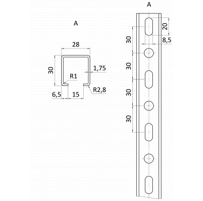 Dierovaný montážny C profil, 28x30x1.75, L-3m, pozinkovaný