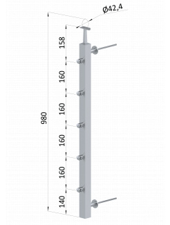 Nerezový stĺp na francúzsky balkón, bočné kotvenie, 5 radový pravý, vrch pevný, (40x40x2.0mm), brúsená nerez K320 /AISI304