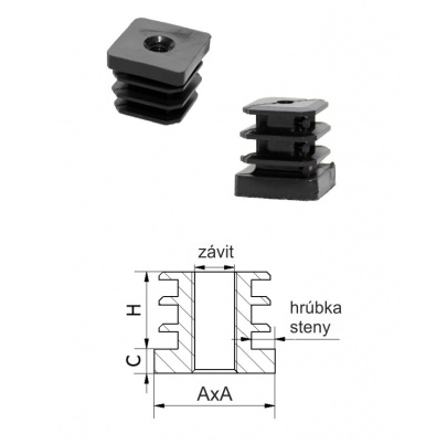 M8,A-30mm,H-20mm,C-6.2mm,čierna, Hrúbka steny 1-1.25mm,Plastová štvorcovo-rúrková zátka zo závitom PE