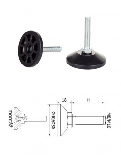 ø-40mm, M8x40mm, H-40mm, čierna,Bezkĺbová plastová nivelačná nožička, závitovo-nastavitelná.