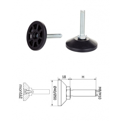 ø-40mm, M8x40mm, H-40mm, čierna,Bezkĺbová plastová nivelačná nožička, závitovo-nastavitelná.