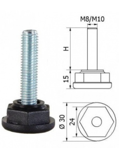 ø-30mm, M10x30mm, H-30mm, Bezkĺbová plastová nivelačná nožička, závitovo-nastavitelná.