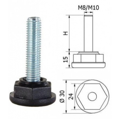 ø-30mm, M10x30mm, H-30mm, Bezkĺbová plastová nivelačná nožička, závitovo-nastavitelná.