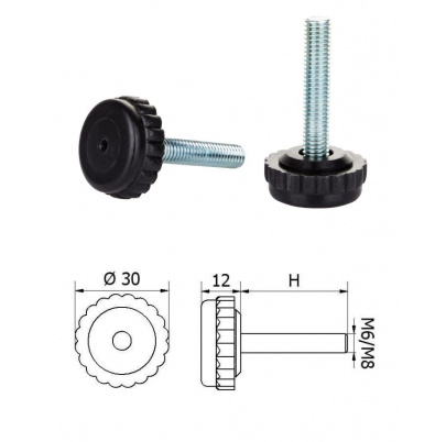 ø-30mm, M6x20mm, H-20mm, čierna,Bezkĺbová plastová nivelačná nožička, závitovo-nastavitelná.