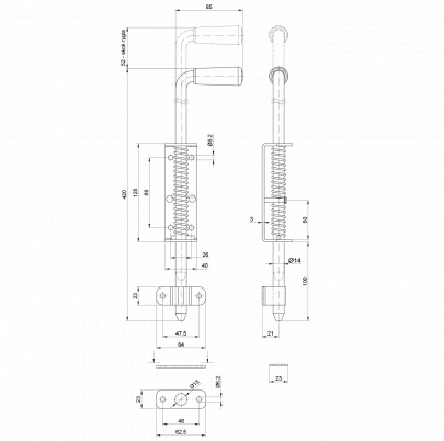Rígeľ navárací  14mm, L: 420mm, pozinkovaný s pružinou
