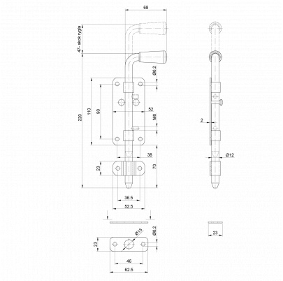 Rígeľ  12mm, L: 220mm, čierny lak s protikusom