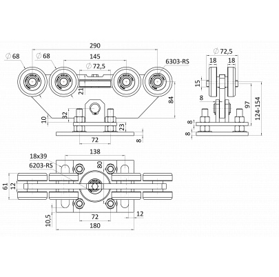 Vozík INTERMEDIO pre samonosný systém Combi Arialdo do 470kg, 9 kolieskový, výškovo nastaviteľný, pre profil 80x85mm