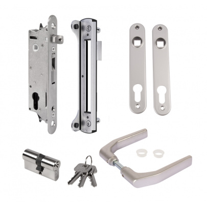 LOCINOX® sada FIFTYSET na zamykanie krídlovej bránky (štítok, doraz, cylindrická vložka, kľučka), pre profil 50x40 mm