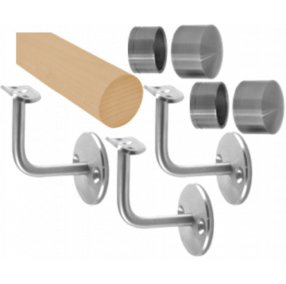 Madlo drevené (2000mm), materiál: buk, brúsený povrch bez náteru, set: 3 ks úchyt, madlo s nerezovým ukončením