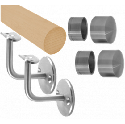 Madlo drevené (1250mm), materiál: buk, brúsený povrch s náterom BORI (bezfarebný), set: 2 ks úchyt, madlo s nerezovým ukončením