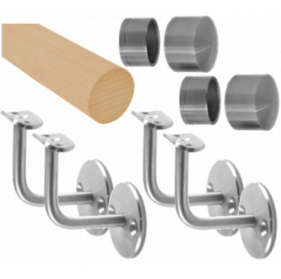 Madlo drevené (2750mm), materiál: buk, brúsený povrch s náterom BORI (bezfarebný), set: 4 ks úchyt, madlo s nerezovým ukončením