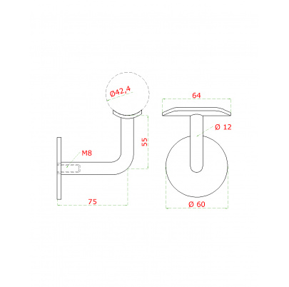 Držiak madla ø42.4mm na stenu, brúsená nerez AISI316