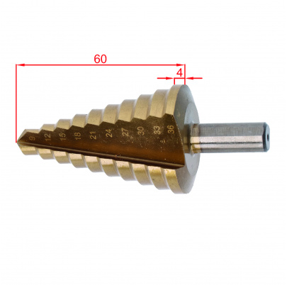 Stupňovitý kužeľový vrták HSS 4341 TiN 9-36, 3 ploché bočné úchopy