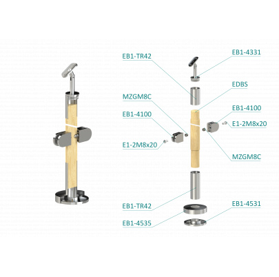 Drevený stĺp, vrchné kotvenie, výplň: sklo, priechodný