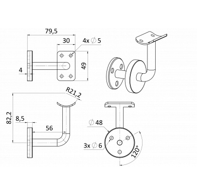 Držiak madla ø42.4mm na stenu s krytkou, brus AISI304