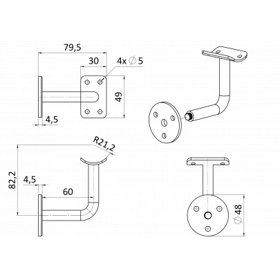 Držiak madla ø42.4mm na stenu, brúsená nerez AISI304