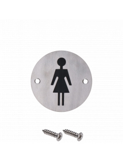 Nerezový piktogram `Dámy`, okrúhly, rozmery: ø75x1.2mm, brúsená nerez K320 / AISI304