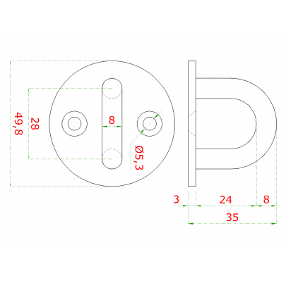 Nástenný úchyt lanka oválny, ø obľúka 8.0mm, brúsená nerez K320/ AISI304