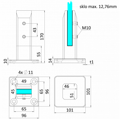 Vrchné kotvenie pre sklo 10-12.76mm, brúsená AISI316