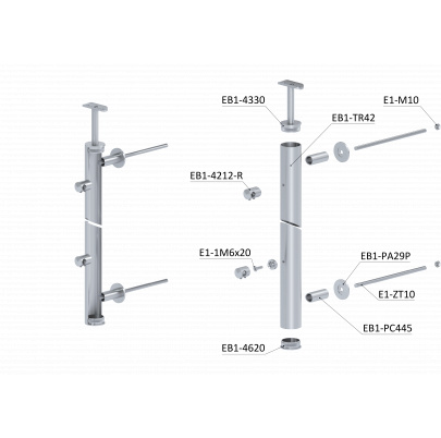 Nerezový stĺp, fr. balkón, bočné kotvenie, 5-radový, pravý