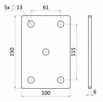 Platňa 99x150x7mm s otvormi 13mm, bez povrchovej úpravy