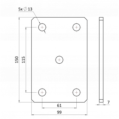 Platňa 99x150x7mm s otvormi 13mm, bez povrchovej úpravy