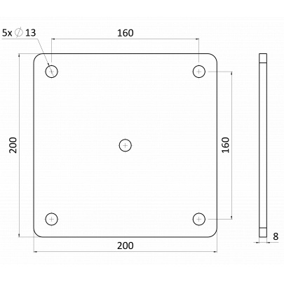Platňa 200x200x9mm s otvormi 13mm, bez povrchovej úpravy