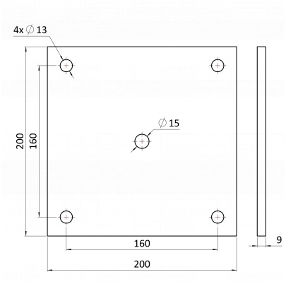 Platňa 200x200x9mm s otvormi 13mm, bez povrchovej úpravy