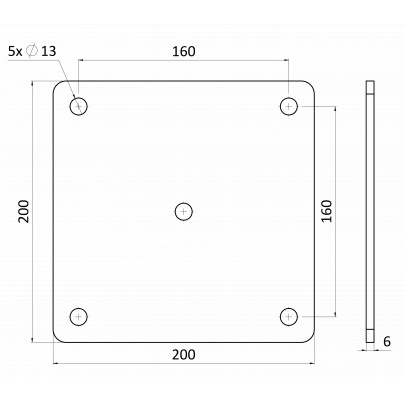 Platňa 200x200x7mm s otvormi 13mm, bez povrchovej úpravy