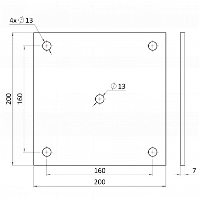 Platňa 200x200x7mm s otvormi 13mm, bez povrchovej úpravy