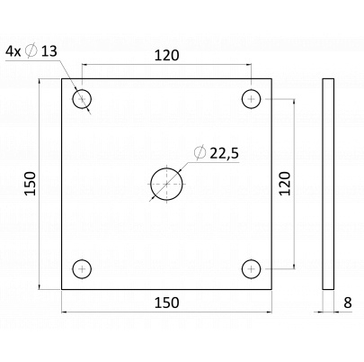 Platňa 150x150x10mm s otvormi 13mm, bez povrchovej úpravy