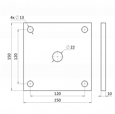Platňa 150x150x10mm s otvormi 13mm, bez povrchovej úpravy